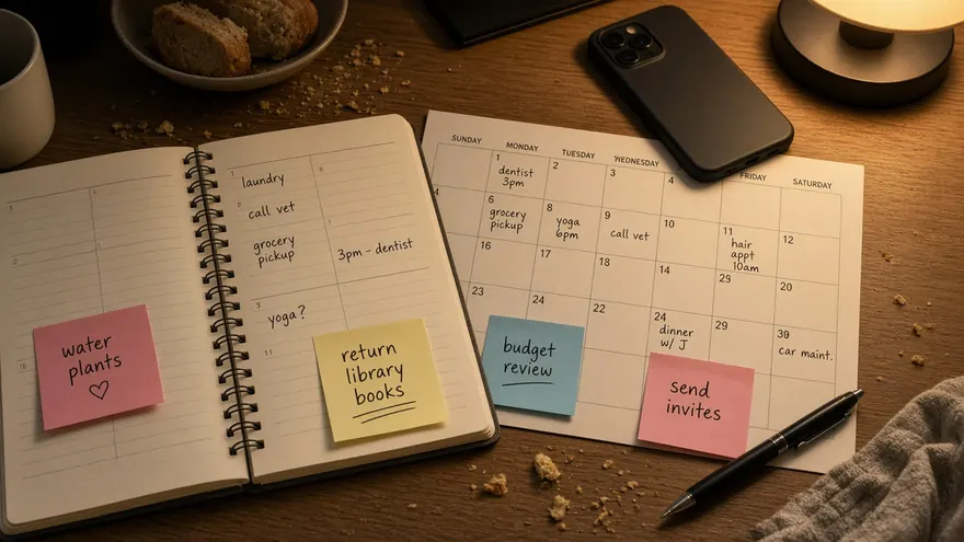 Open planner with sticky notes and pen