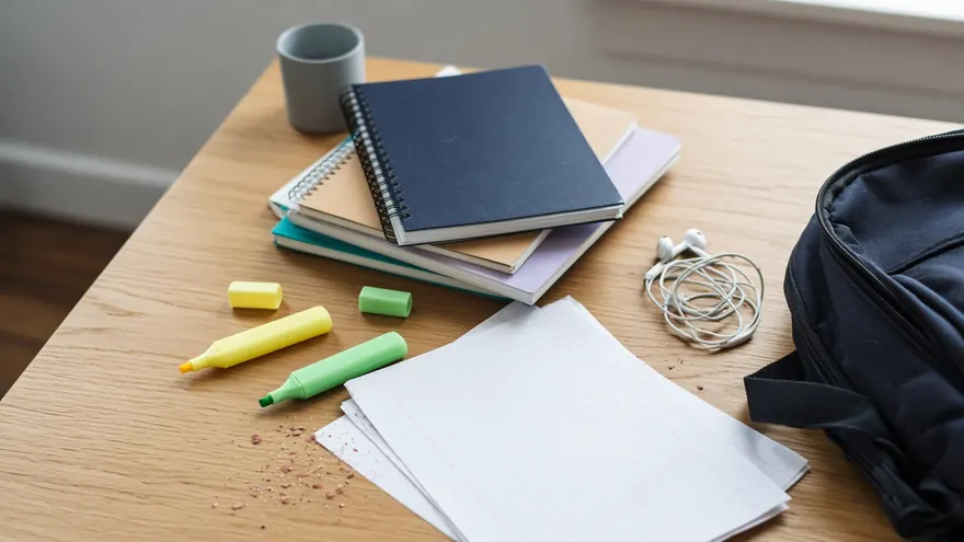 Notebooks, highlighters, and study materials on a desk