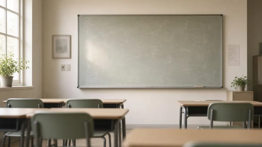 Empty classroom whiteboard with soft daylight